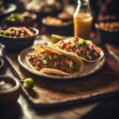 Mexikanisches Restaurant Teller mit Tacos, die mit Hackfleisch, Jalapenos, Tomaten und Frühlingszwiebel gefüllt sind. Im Hintergrund weitere Speisen und Getränke.