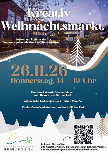 Grafisches weihnachtliches Plakat mit Foto des Rathauses in Bruchmühlbach-Miesau in blauen und lilalen Farbtönen
