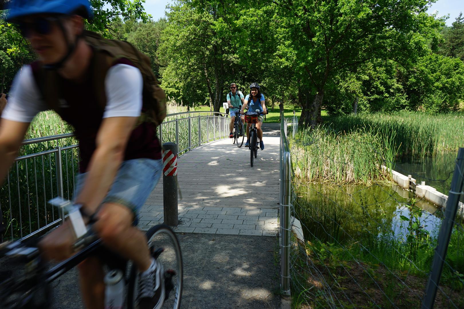 Radfahrer Pfälzer Seentour Drei Radfahrer, die über eine Brücke fahren
