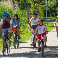 Fünf Kinder die Fahrradfahren