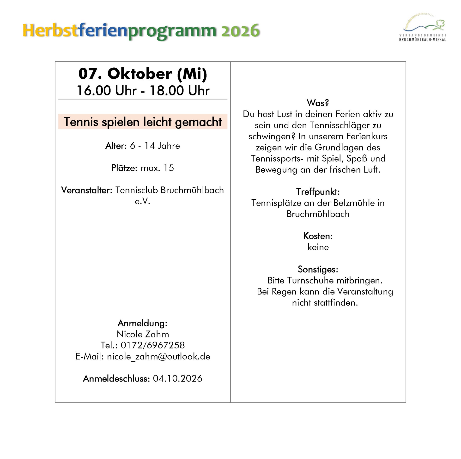 Ferienprogrammheft Herbst 2026 Ferienprogrammheft Herbst 2026