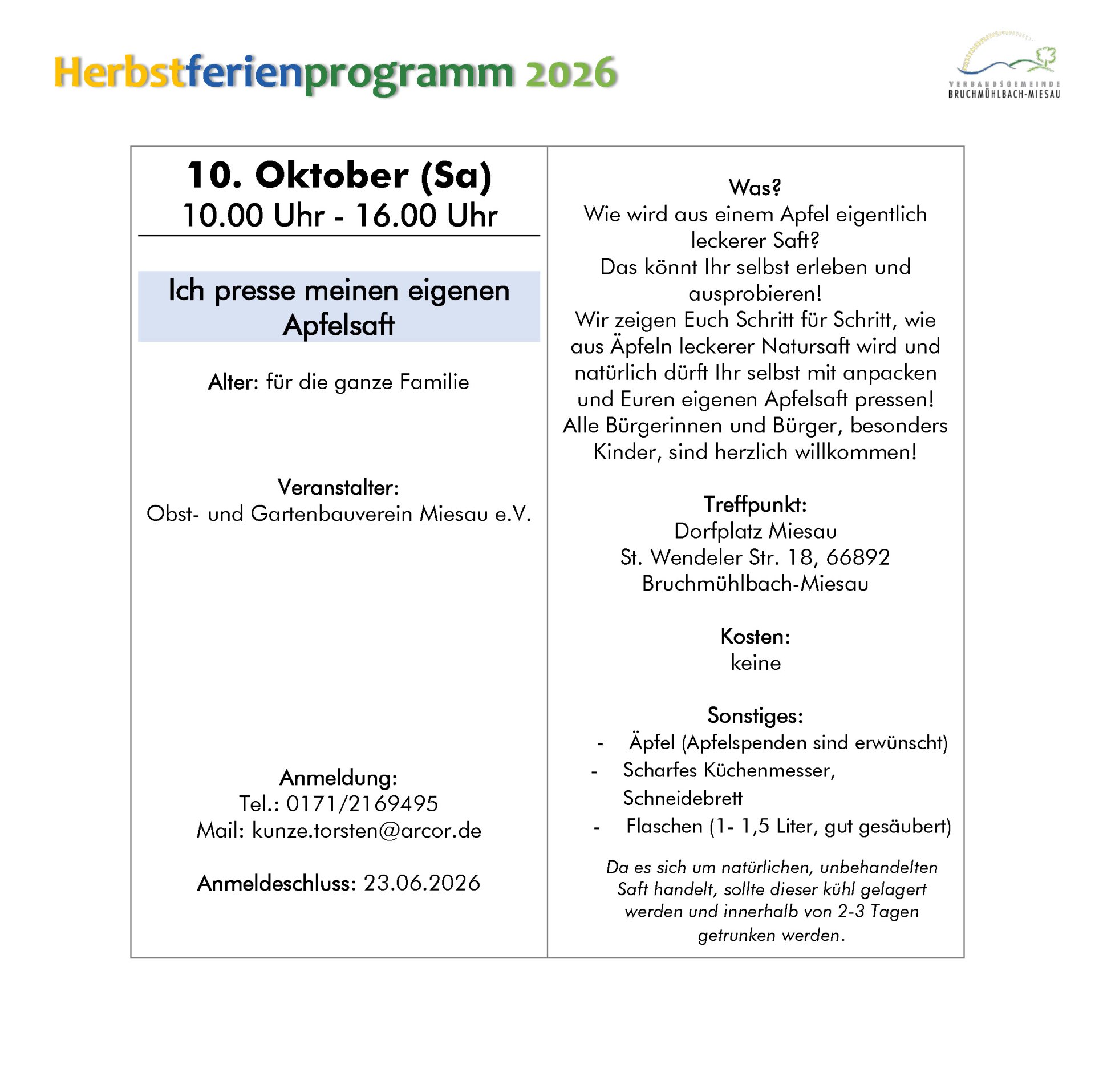 Ferienprogrammheft Herbst 2026 Ferienprogrammheft Herbst 2026
