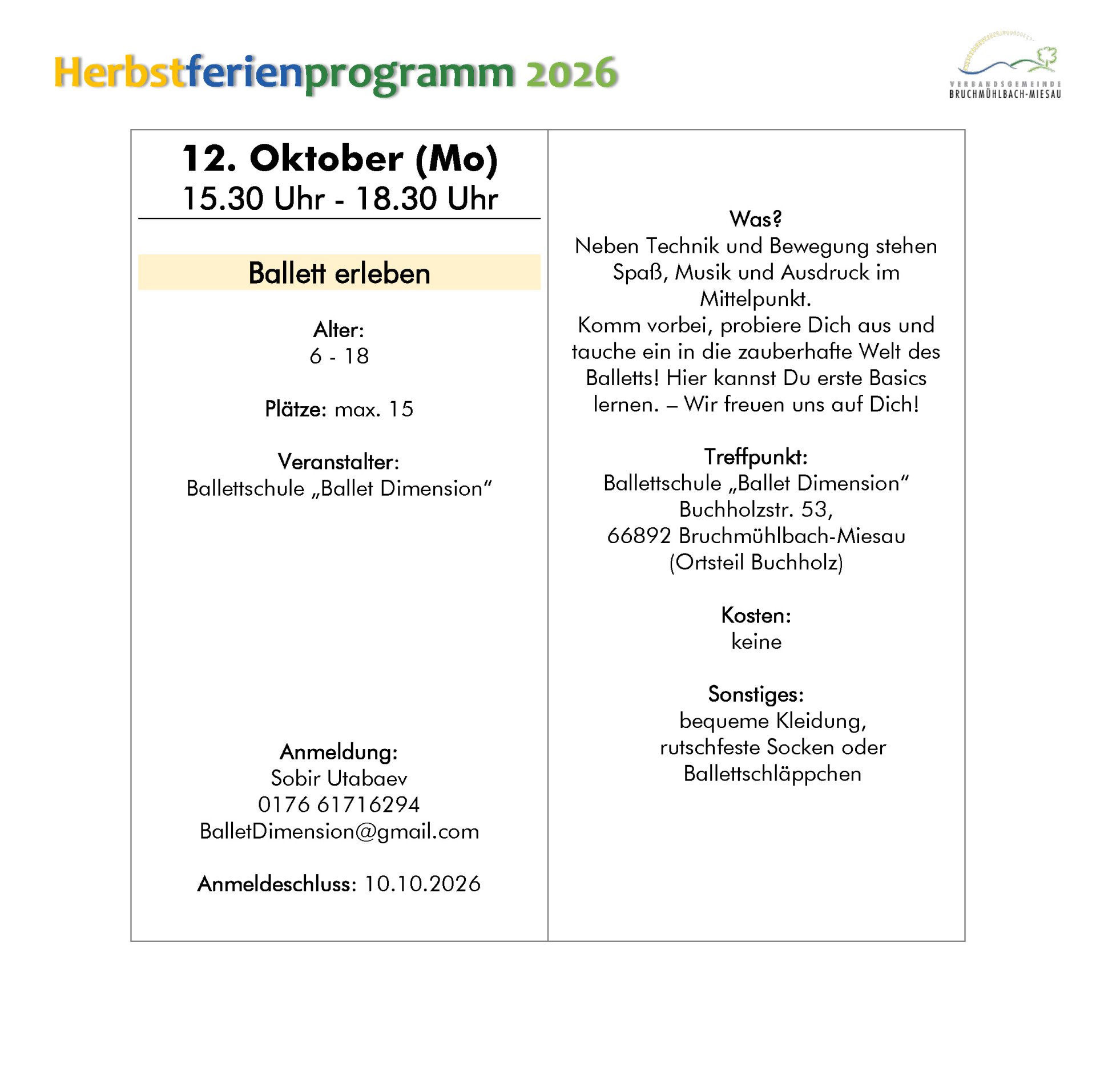 Ferienprogrammheft Herbst 2026 Ferienprogrammheft Herbst 2026