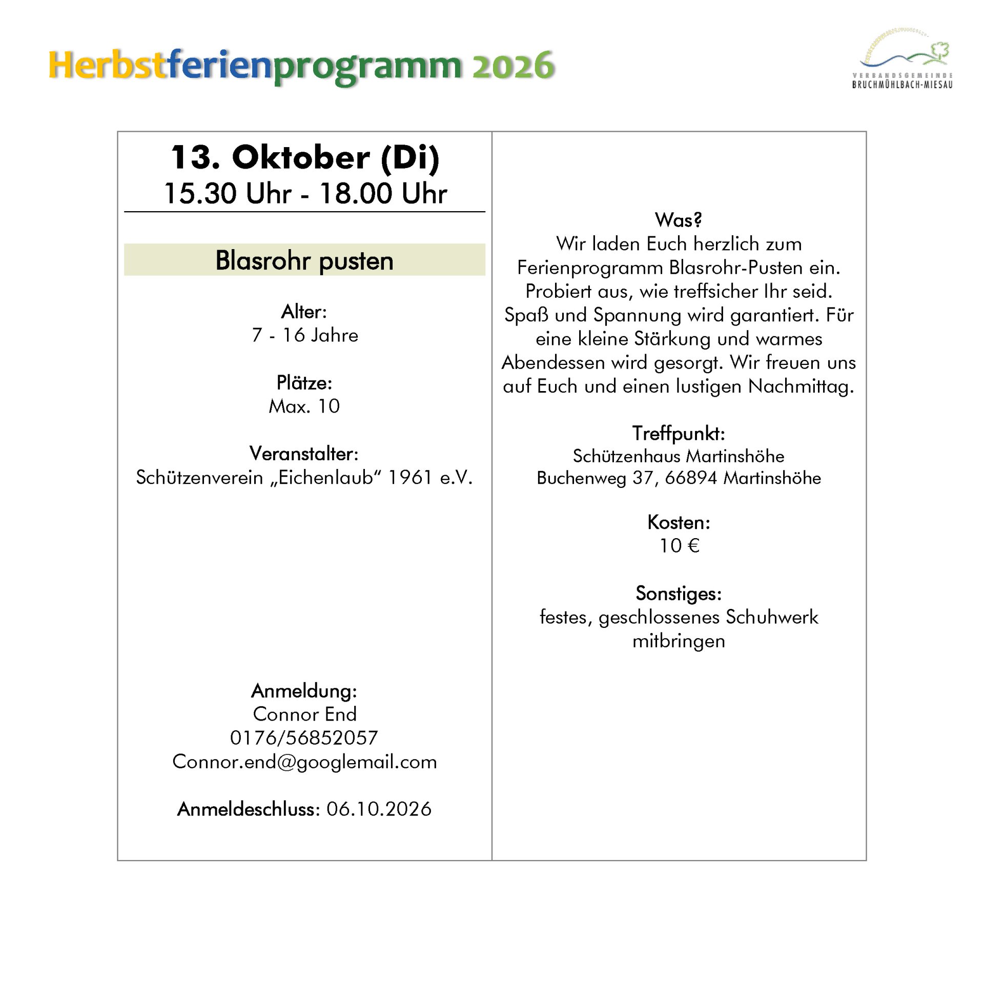 Ferienprogrammheft Herbst 2026 Ferienprogrammheft Herbst 2026