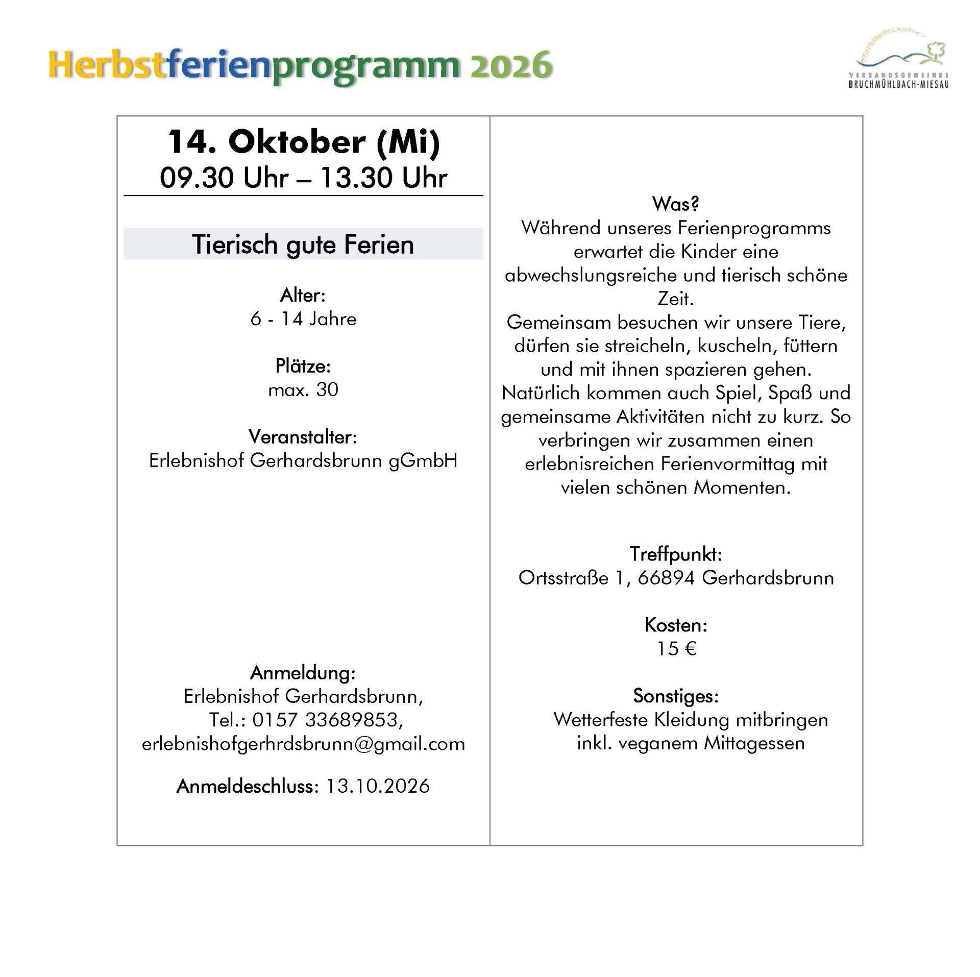 Ferienprogrammheft Herbst 2026 Ferienprogrammheft Herbst 2026