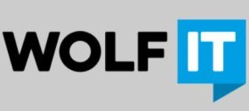 Auf grauen Hintergrund steht in schwarzen Großbuchstaben Wolf. Daneben befindet sich ein hellblaues Viereck,  in dem in weißer Schrift "IT"steht. Am rechten unteren Eck des Vierecks befindet sich in einem dunkleren Blau ein Dreieck, das sich über die Hälfte des Vierecks erstreckt. 